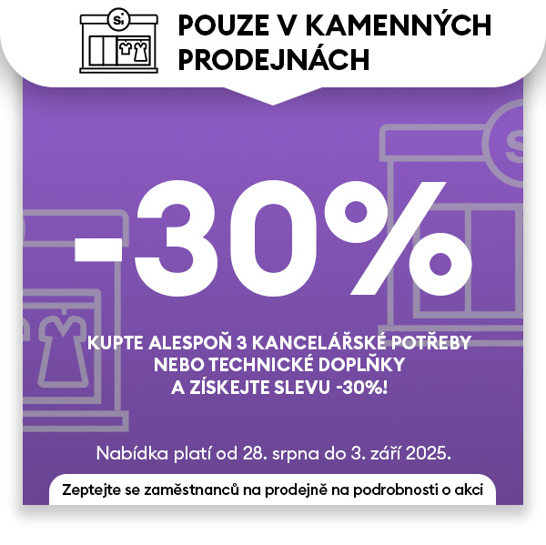 Kupte alespoň 3 kancelářské potřeby nebo technické doplňky a získejte slevu -30%! Pouze v kamenných prodejnách.