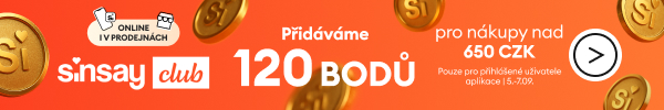 Při nákupu nad 650 CZK přidáváme 120 bodů Sinsay Clubu. Online a v kamenných prodejnách.