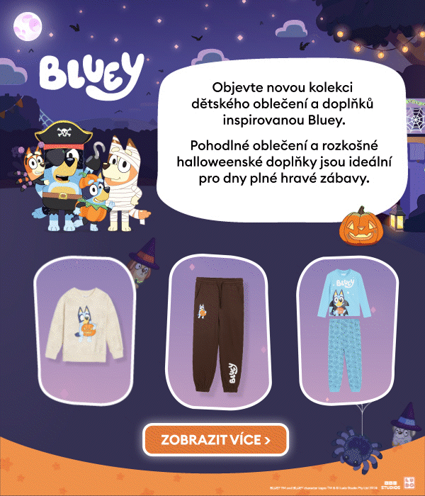 Objevte novou kolekci dětského oblečení a doplňků inspirovanou Bluey. Pohodlné oblečení a rozkošné halloweenské doplňky jsou ideální pro dny plné hravé zábavy.
