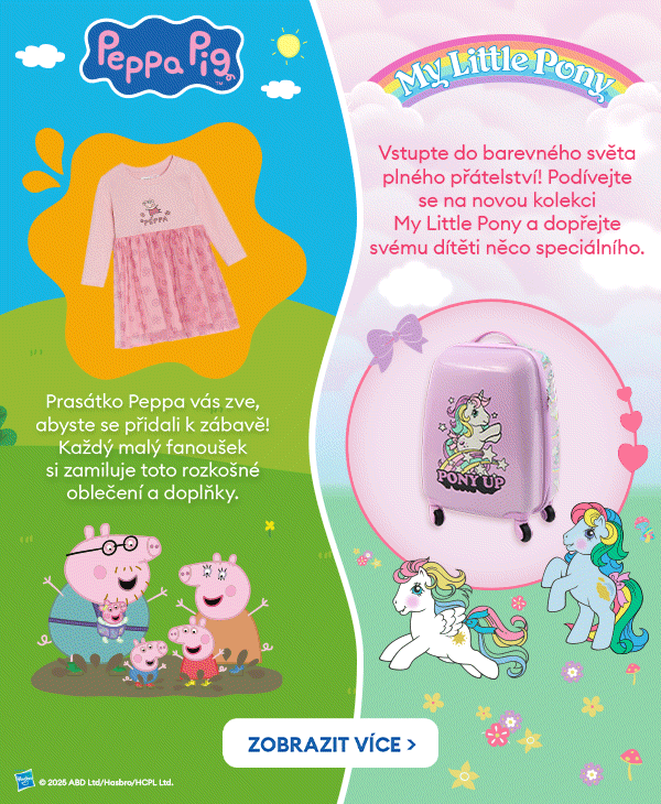 Vstupte do barevného světa plného přátelství! Podívejte se na novou kolekci My Little Pony a dopřejte svému dítěti něco speciálního. Prasátko Peppa vás zve, abyste se přidali k zábavě! Každý malý fanoušek si zamiluje toto rozkošné oblečení a doplňky.