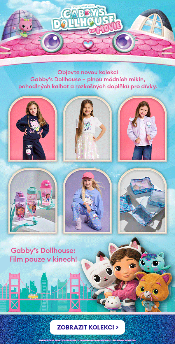 Objevte novou kolekci Gabby’s Dollhouse – plnou módních mikin, pohodlných kalhot a rozkošných doplňků pro dívky.