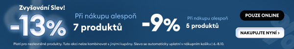 -9 % při nákupu alespoň 5 produktů nebo -13 % při nákupu alespoň 7 produktů. Pouze online.