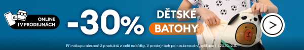  -30% DĚTSKÉ BATOHY. Při nákupu alespoň 2 produktů z celé nabídky s kódem: OMNI30KIDS. V prodejnách po naskenování aplikace.