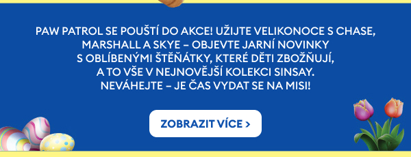 Paw Patrol se pouští do akce! Užijte Velikonoce s Chase, Marshall a Skye – objevte jarní novinky s oblíbenými štěňátky, které děti zbožňují, a to vše v nejnovější kolekci Sinsay. Neváhejte – je čas vydat se na misi!