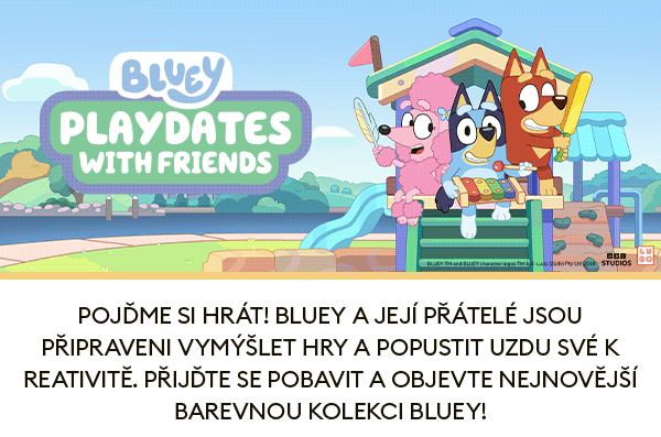 Pojďme si hrát! Bluey a její přátelé jsou připraveni vymýšlet hry a popustit uzdu své kreativitě. Přijďte se pobavit a objevte nejnovější barevnou kolekci Bluey!