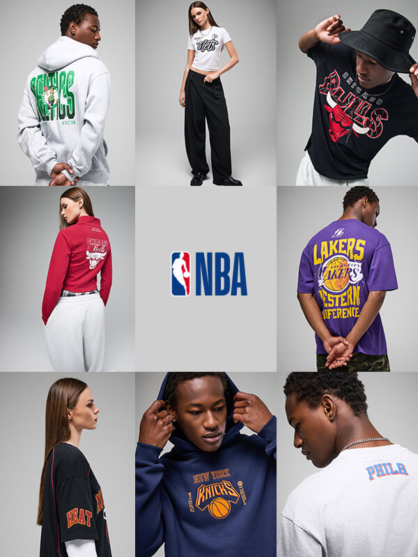 Koláž fotografií modelů a modelek v oblečení z kolekce NBA s logy týmů Celtics, Bulls, Lakers, Heat, Knicks a 76ers. Uprostřed logo NBA.