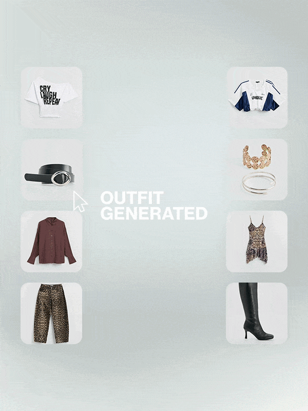 Zobrazení generování outfitu z vybraného oblečení a doplňků, text OUTFIT GENERATED.
