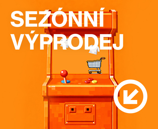 Sezónní výprodej. Retro herní automat s oblečením a nákupním košíkem.