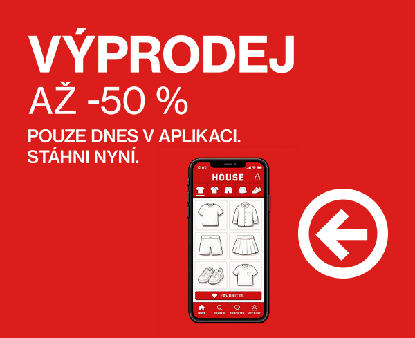 Výprodej až -50 %. Telefon s aplikací House a šipkou doleva.