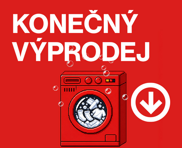 KONEČNÝ VÝPRODEJ. Červená pračka s oblečením a šipka dolů.